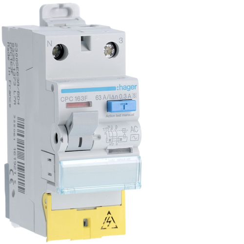 Interrupteur différentiel 1P+N 63A 300mA type AC S à bornes décalées-CPC163F-3250611619215-HAGER