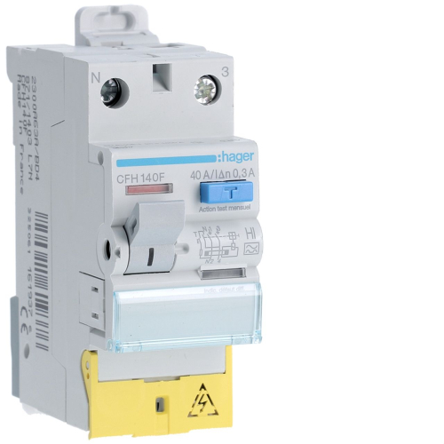Interrupteur différentiel 1P+N 40A 300mA type haute immunité à bornes décalées-CFH140F-3250611619376-HAGER