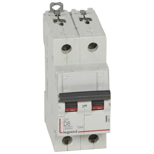 Disj. DX³ 6000kA 10kA arrivée haute/départ bas à vis 6A -courbe D -2 modules-408012-3245064080125-LEGRAND