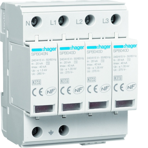 Parafoudre 4P T2 TNS/TT Uc 275V In 20kA Imax 40kA telesignalisation-SPB440R-3250615515599-HAGER