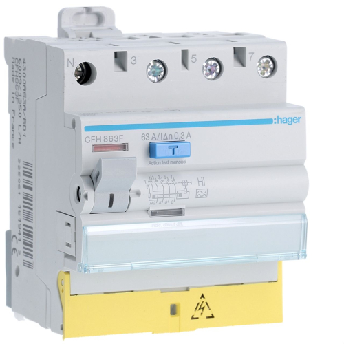 Interrupteur différentiel 3P+N 63A 300mA type haute immunité à bornes décalées-CFH863F-3250611619413-HAGER