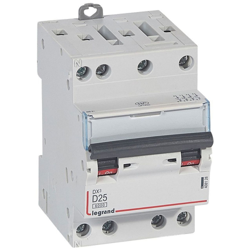 Disjoncteur DX³ 6000-vis/vis-4P-400V~-25A-10kA-courbe D-peigne HX³ opti 4P -3M-408128-3245064081283-LEGRAND