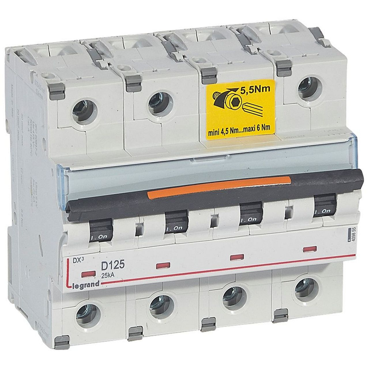 Disjoncteur DX³ 25kA arrivée haut/départ bas vis 4P 125A - courbe D - 6 modules