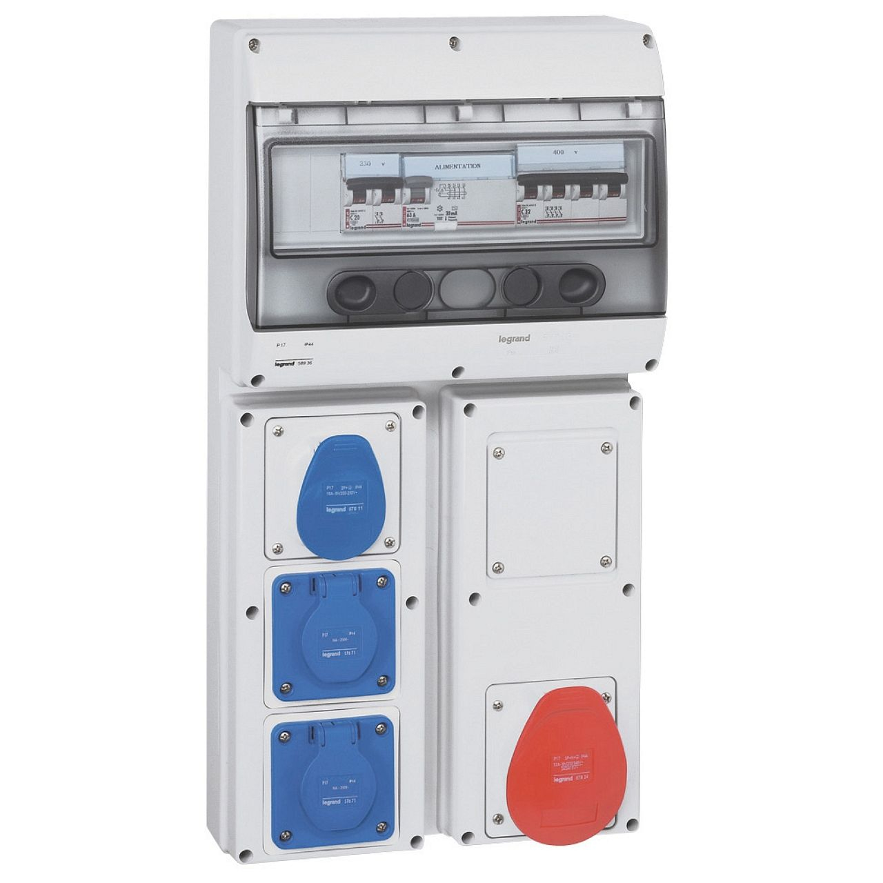 Coffret 4 prises P17 IP44 - 1x3P+N+T 380V~ à 415V~, 1 disj. et 1 inter diff