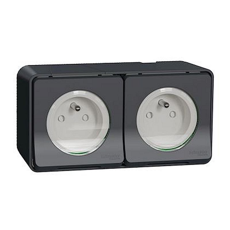 Mureva Styl - Double prise 2P+T précâblée horiz - saillie - IP55 - IK08 - gris