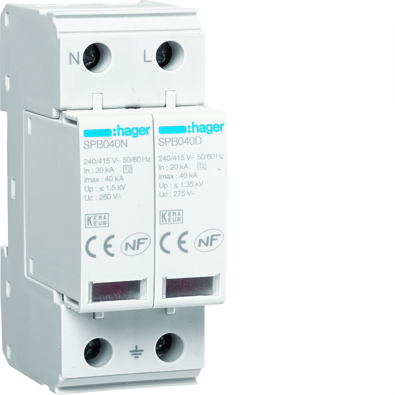 Parafoudre 2P T2 TNS/TT Uc 275V In 20kA Imax 40kA telesignalisation