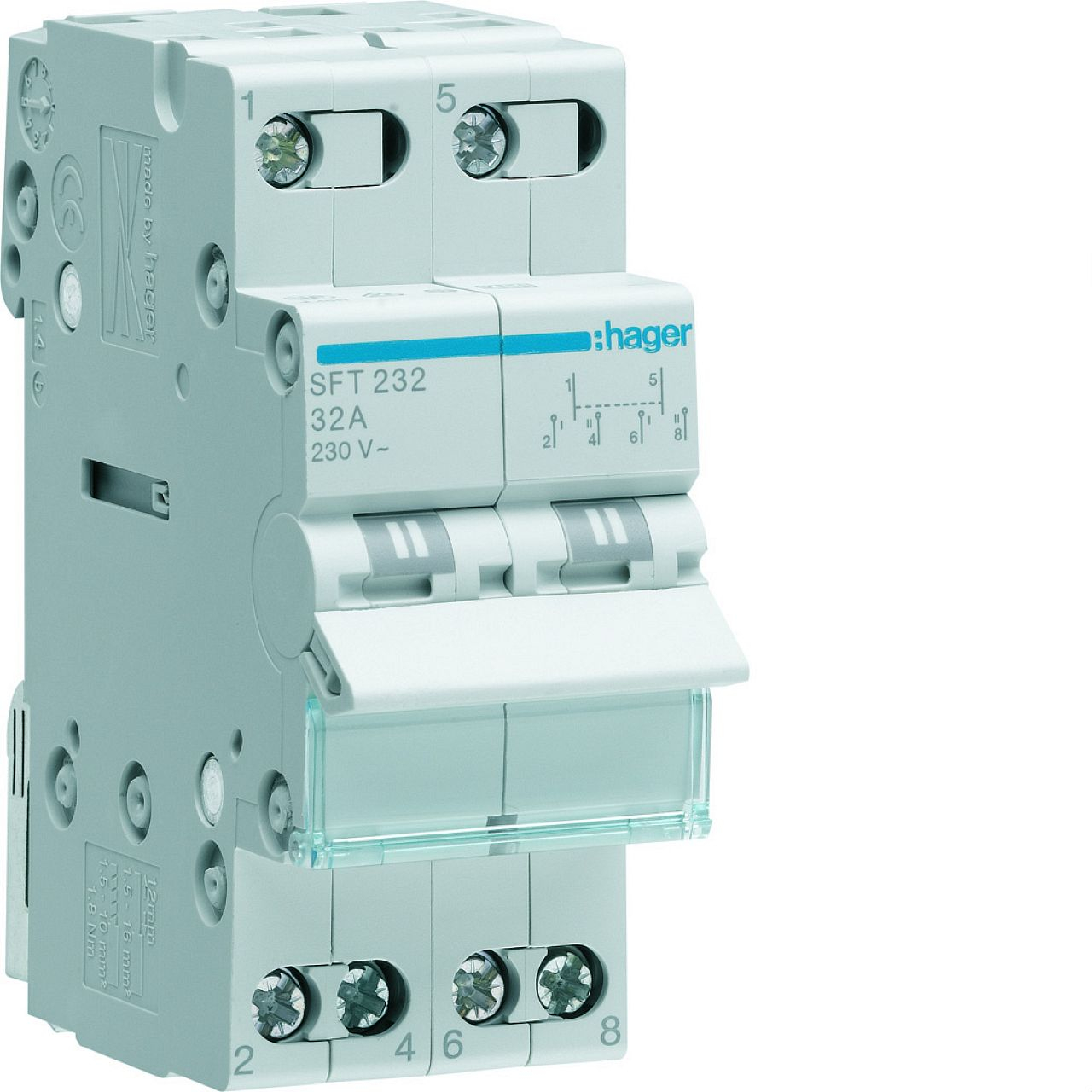 Inverseur modulaire 2 pôles 32A, point commun amont, I-0-II